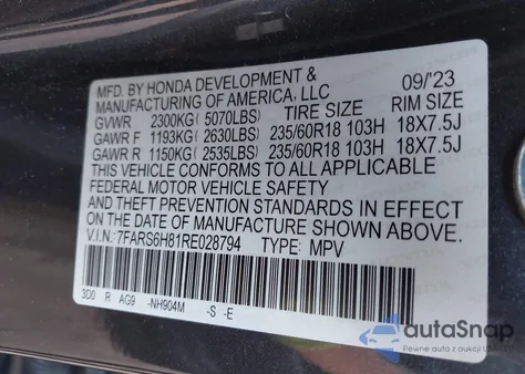 2024 Honda Cr-V Hybrid Sport-L z USA, uszkodzony, nr VIN 7FARS6H81RE028794